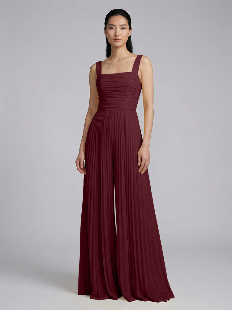 Chiffon Pantsuit Square Neck Long Bridesmaid Dresses with Pleats