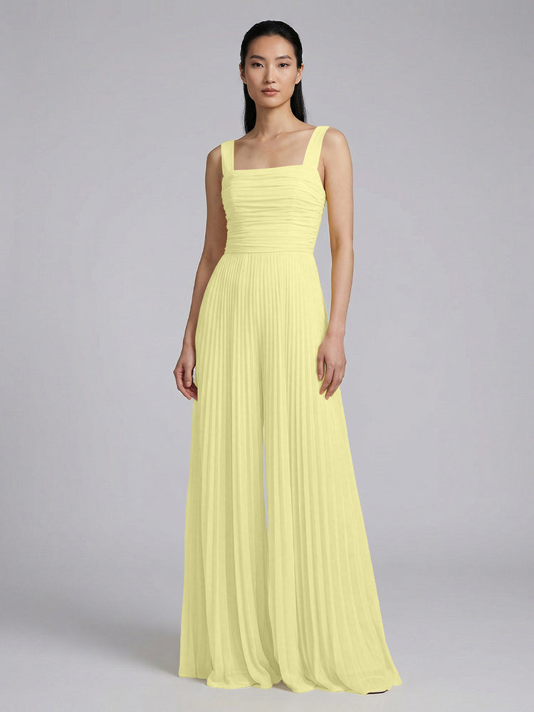 Chiffon Pantsuit Square Neck Long Bridesmaid Dresses with Pleats