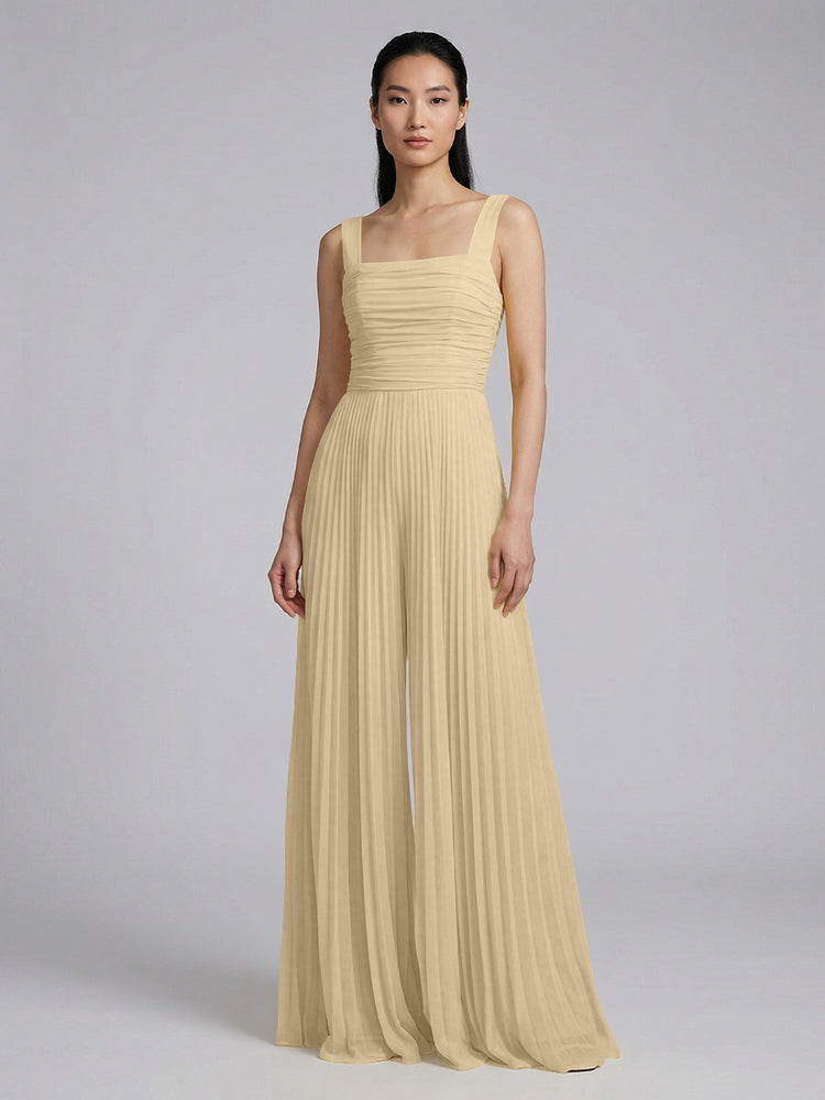 Chiffon Pantsuit Square Neck Long Bridesmaid Dresses with Pleats