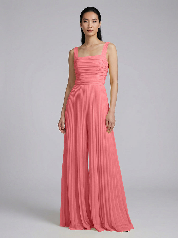 Chiffon Pantsuit Square Neck Long Bridesmaid Dresses with Pleats
