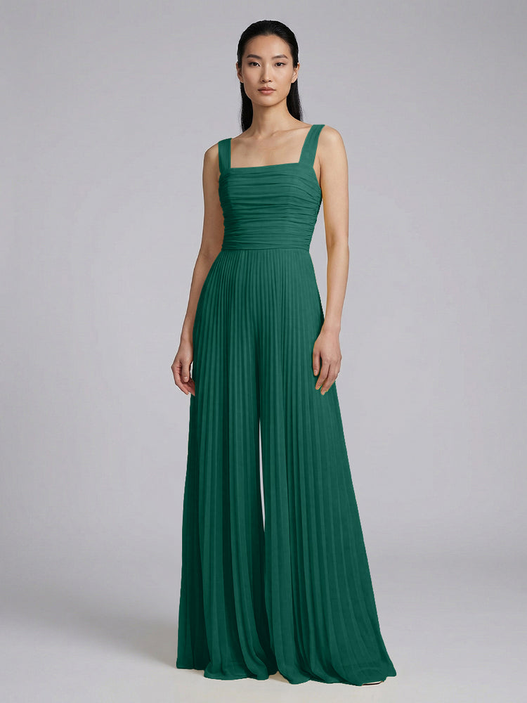 Chiffon Pantsuit Square Neck Long Bridesmaid Dresses with Pleats