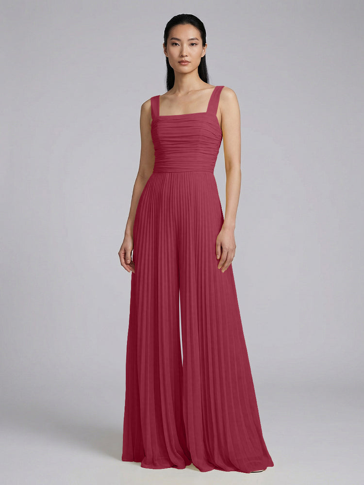 Chiffon Pantsuit Square Neck Long Bridesmaid Dresses with Pleats
