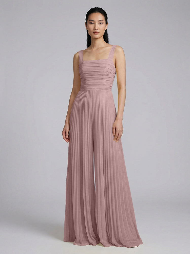 Chiffon Pantsuit Square Neck Long Bridesmaid Dresses with Pleats