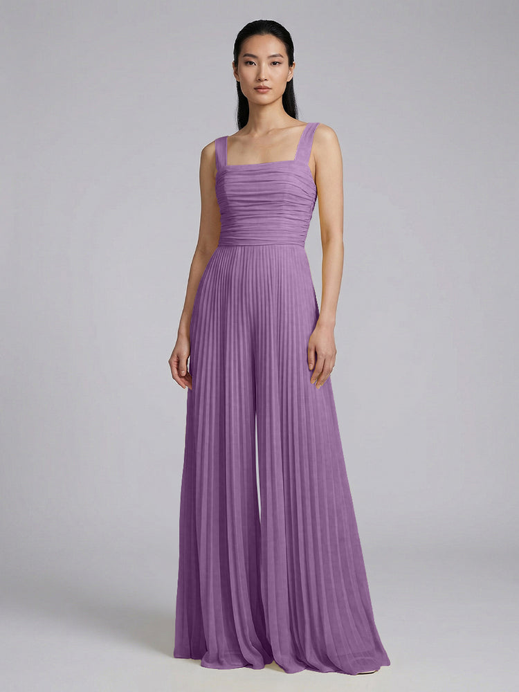 Chiffon Pantsuit Square Neck Long Bridesmaid Dresses with Pleats