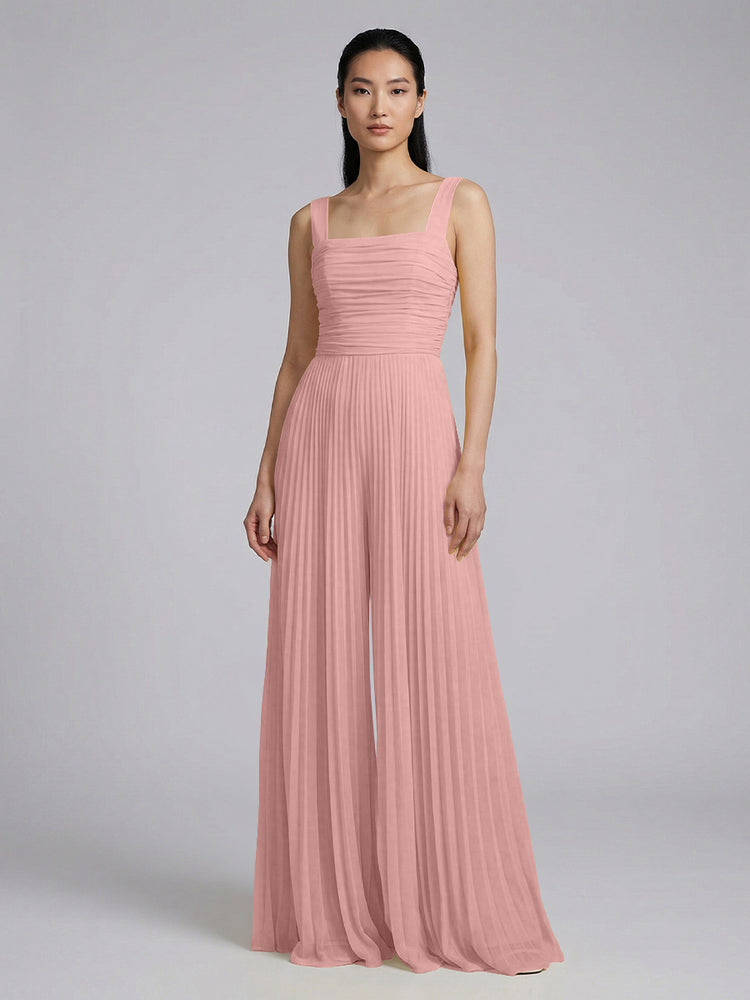 Chiffon Pantsuit Square Neck Long Bridesmaid Dresses with Pleats