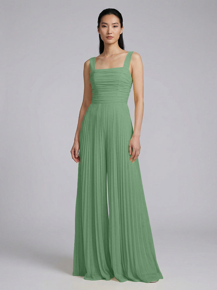Chiffon Pantsuit Square Neck Long Bridesmaid Dresses with Pleats