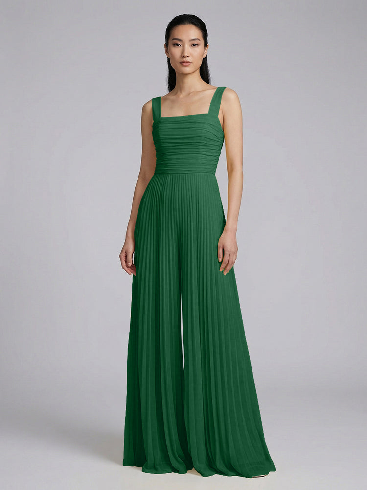 Chiffon Pantsuit Square Neck Long Bridesmaid Dresses with Pleats