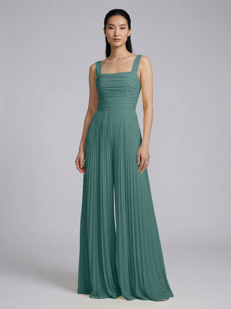 Chiffon Pantsuit Square Neck Long Bridesmaid Dresses with Pleats