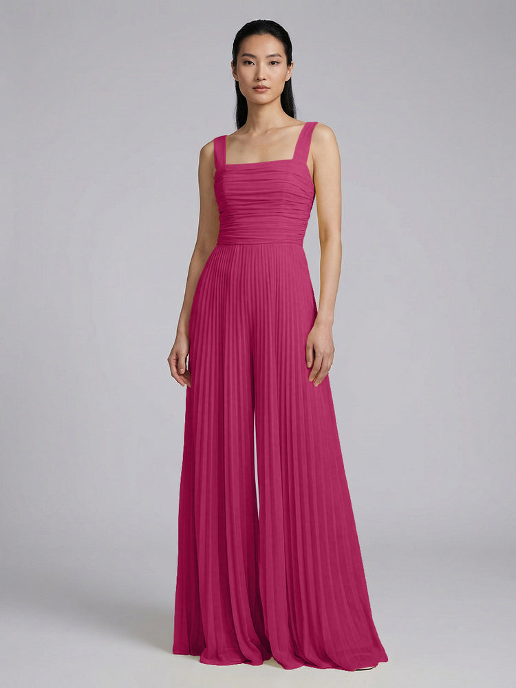 Chiffon Pantsuit Square Neck Long Bridesmaid Dresses with Pleats