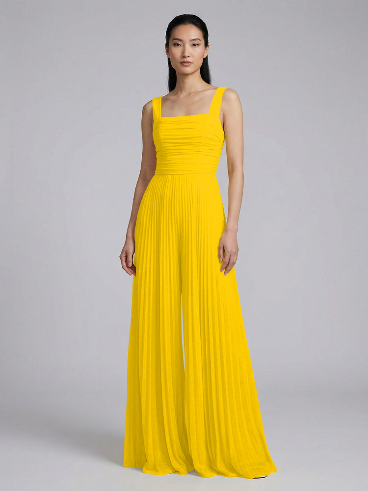 Chiffon Pantsuit Square Neck Long Bridesmaid Dresses with Pleats