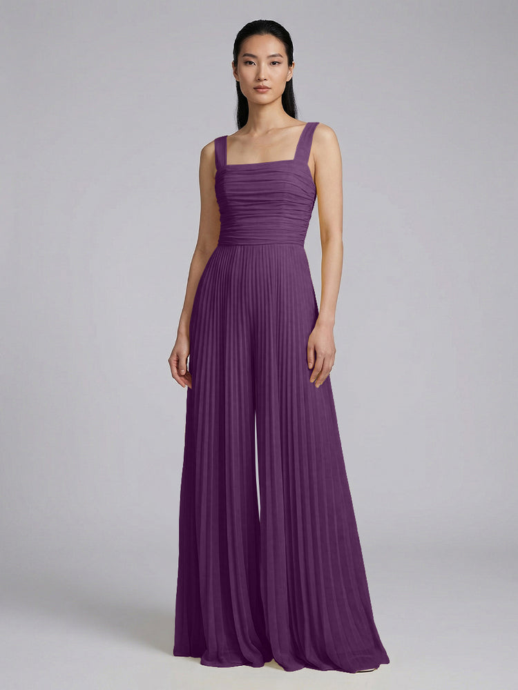 Chiffon Pantsuit Square Neck Long Bridesmaid Dresses with Pleats