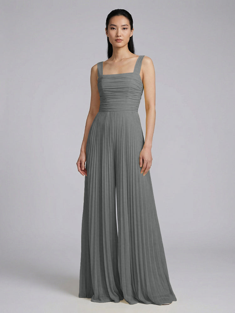 Chiffon Pantsuit Square Neck Long Bridesmaid Dresses with Pleats