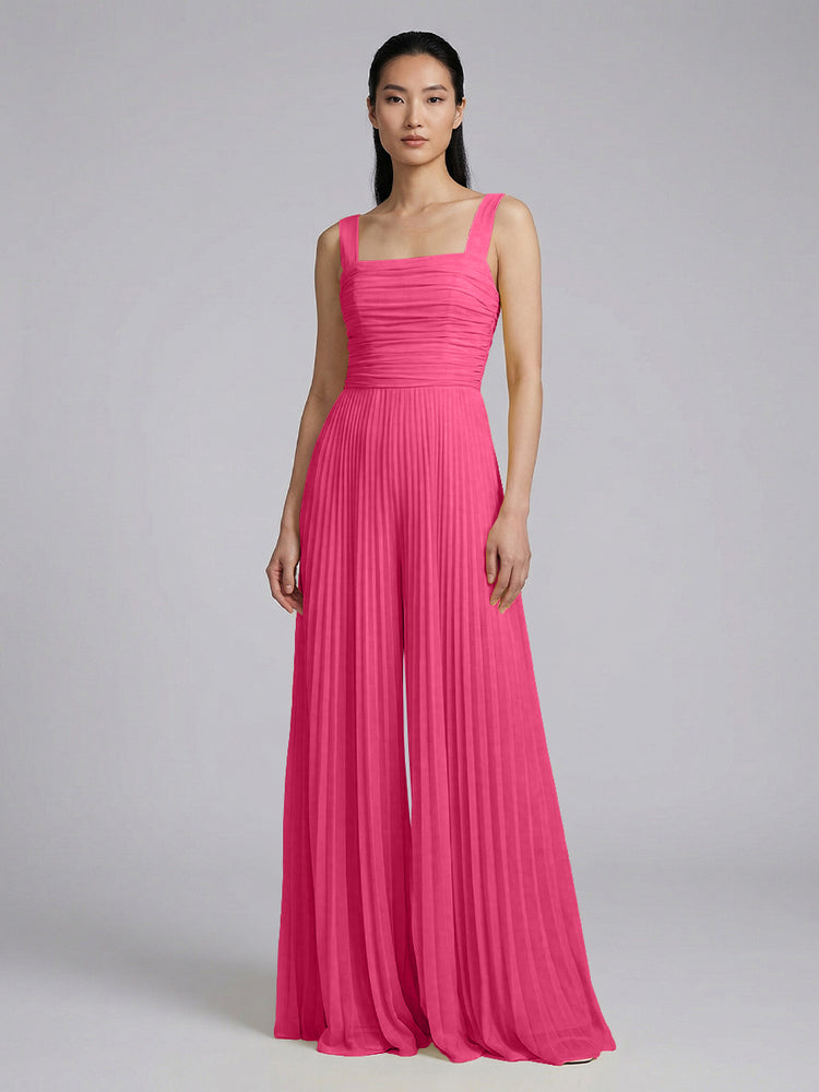 Chiffon Pantsuit Square Neck Long Bridesmaid Dresses with Pleats