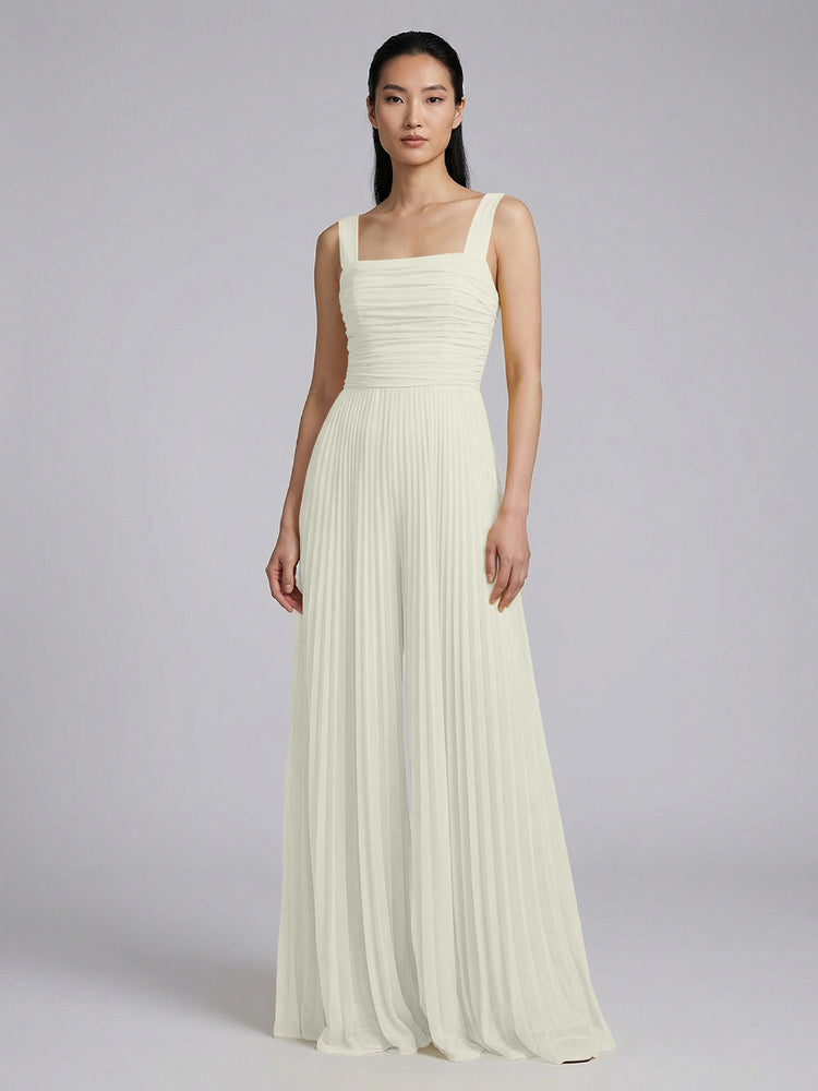Chiffon Pantsuit Square Neck Long Bridesmaid Dresses with Pleats