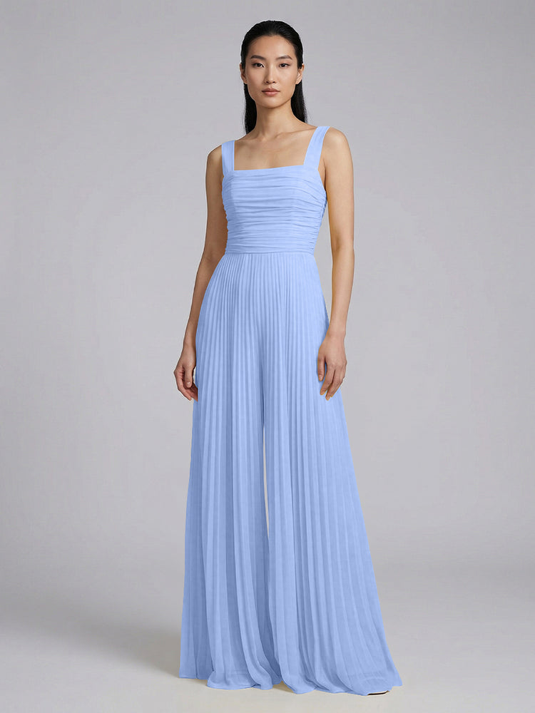 Chiffon Pantsuit Square Neck Long Bridesmaid Dresses with Pleats