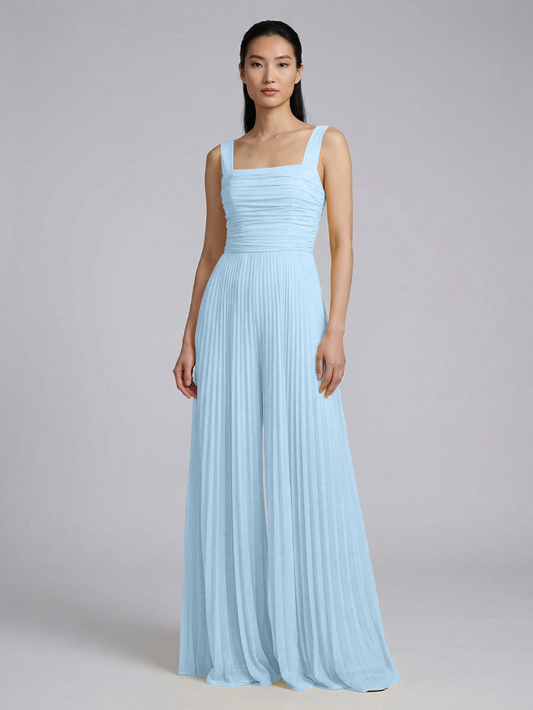 Chiffon Pantsuit Square Neck Long Bridesmaid Dresses with Pleats