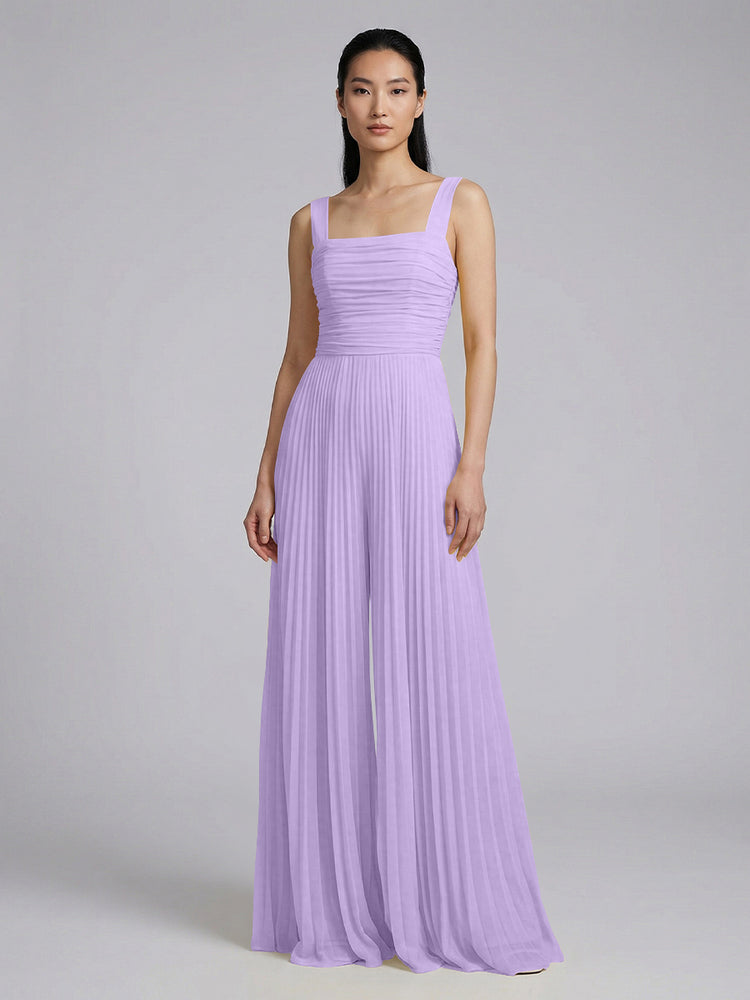 Chiffon Pantsuit Square Neck Long Bridesmaid Dresses with Pleats