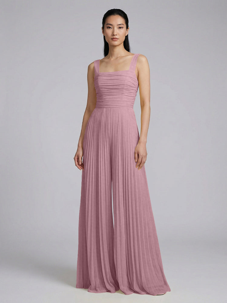 Chiffon Pantsuit Square Neck Long Bridesmaid Dresses with Pleats