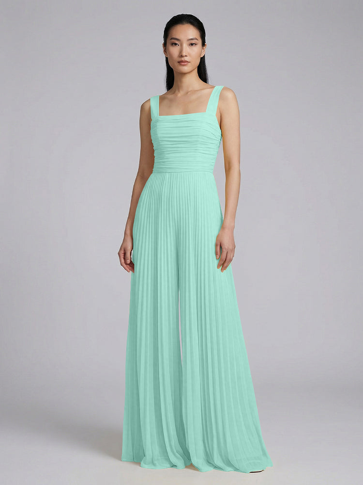 Chiffon Pantsuit Square Neck Long Bridesmaid Dresses with Pleats