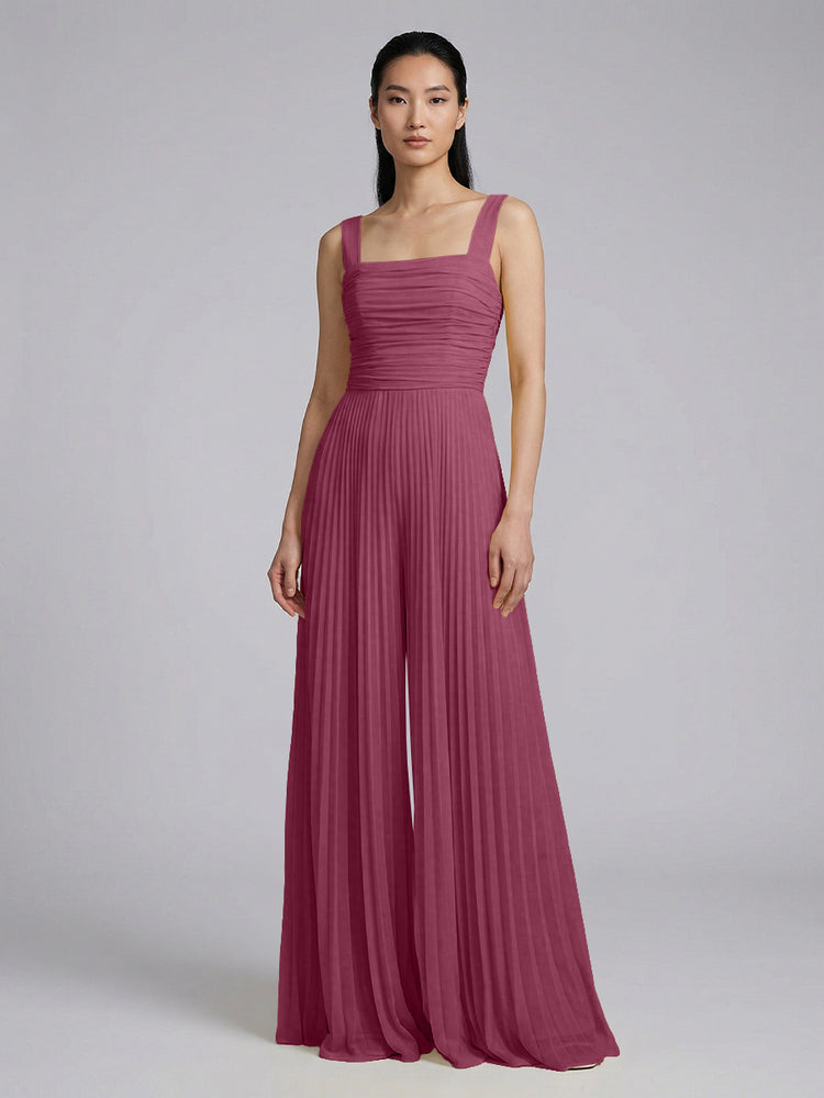Chiffon Pantsuit Square Neck Long Bridesmaid Dresses with Pleats