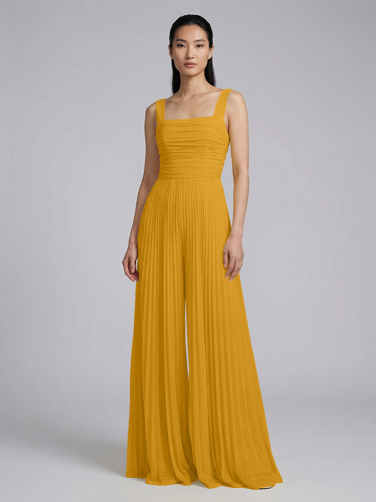 Chiffon Pantsuit Square Neck Long Bridesmaid Dresses with Pleats