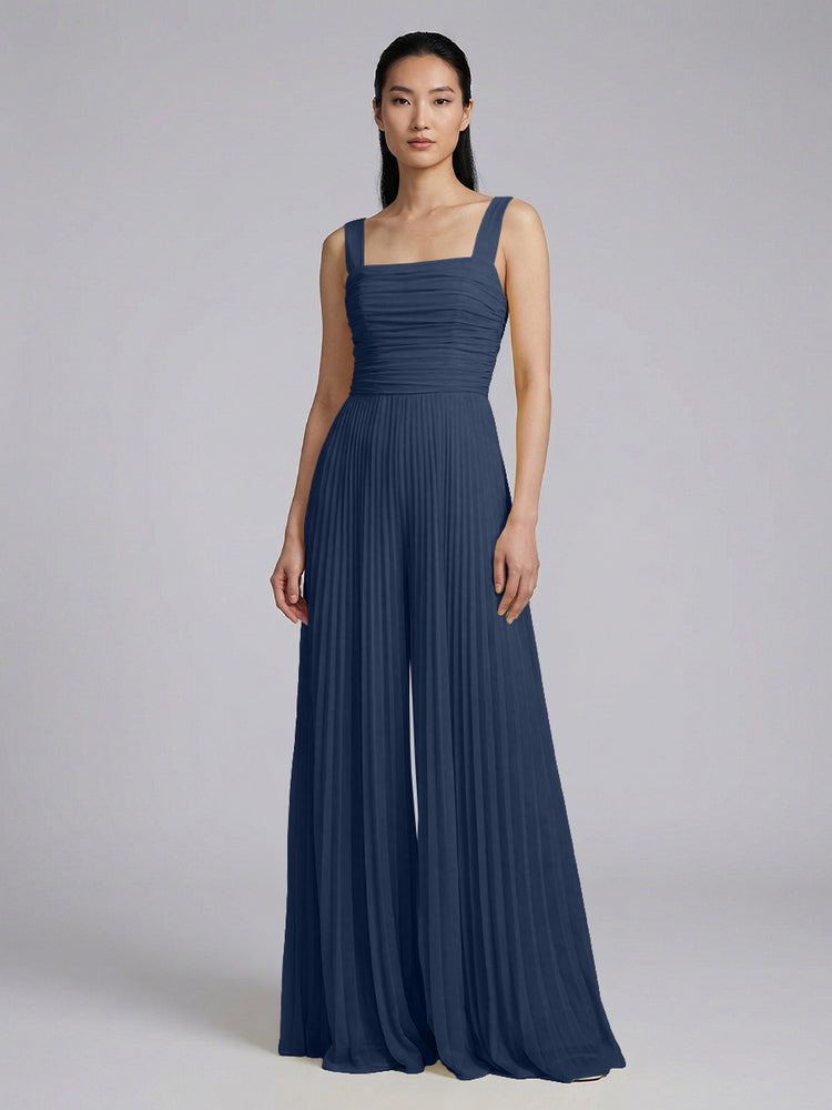 Chiffon Pantsuit Square Neck Long Bridesmaid Dresses with Pleats