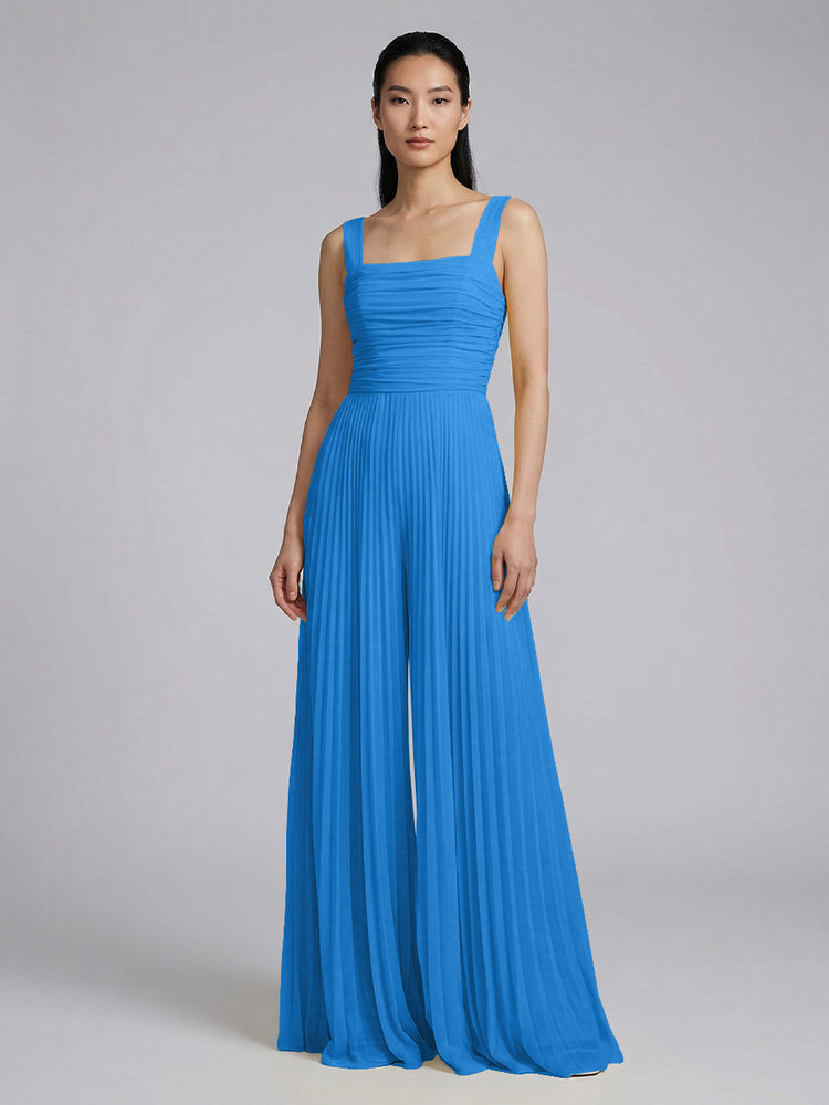 Chiffon Pantsuit Square Neck Long Bridesmaid Dresses with Pleats