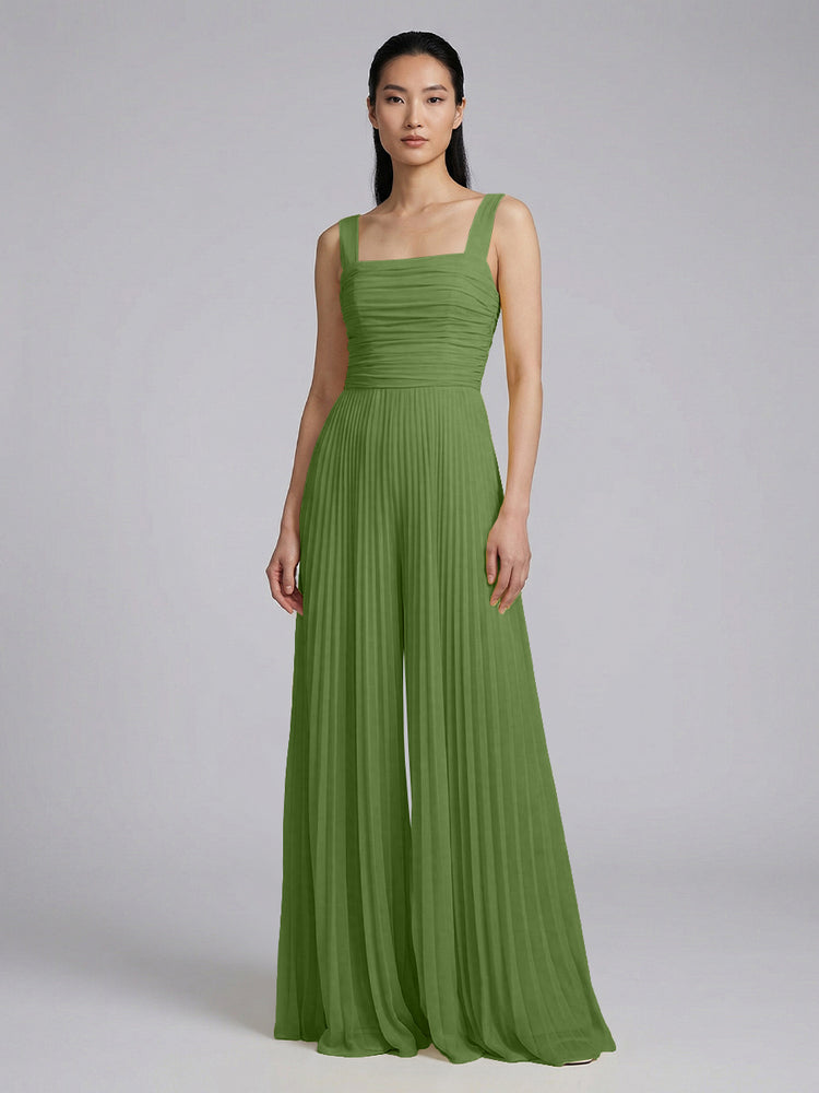 Chiffon Pantsuit Square Neck Long Bridesmaid Dresses with Pleats
