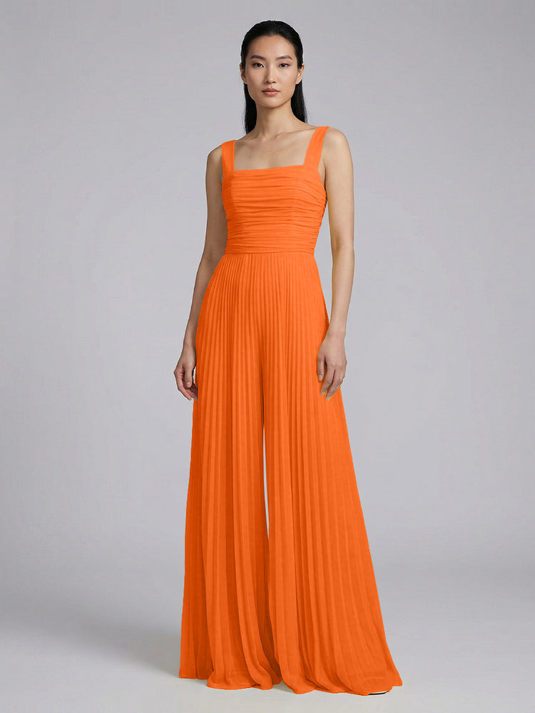 Chiffon Pantsuit Square Neck Long Bridesmaid Dresses with Pleats