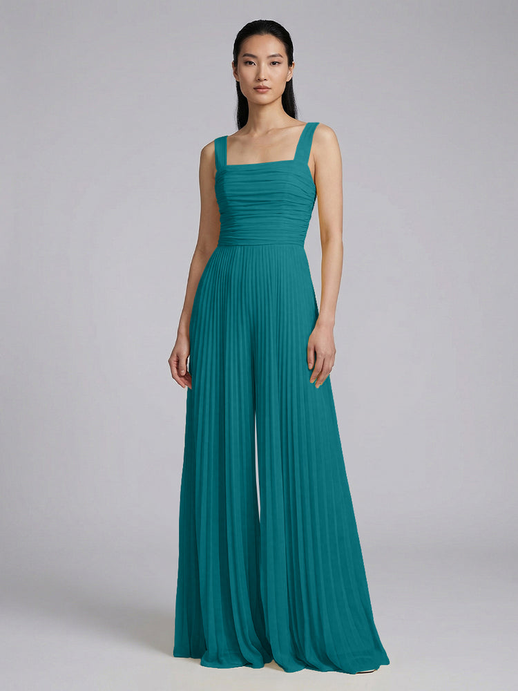 Chiffon Pantsuit Square Neck Long Bridesmaid Dresses with Pleats