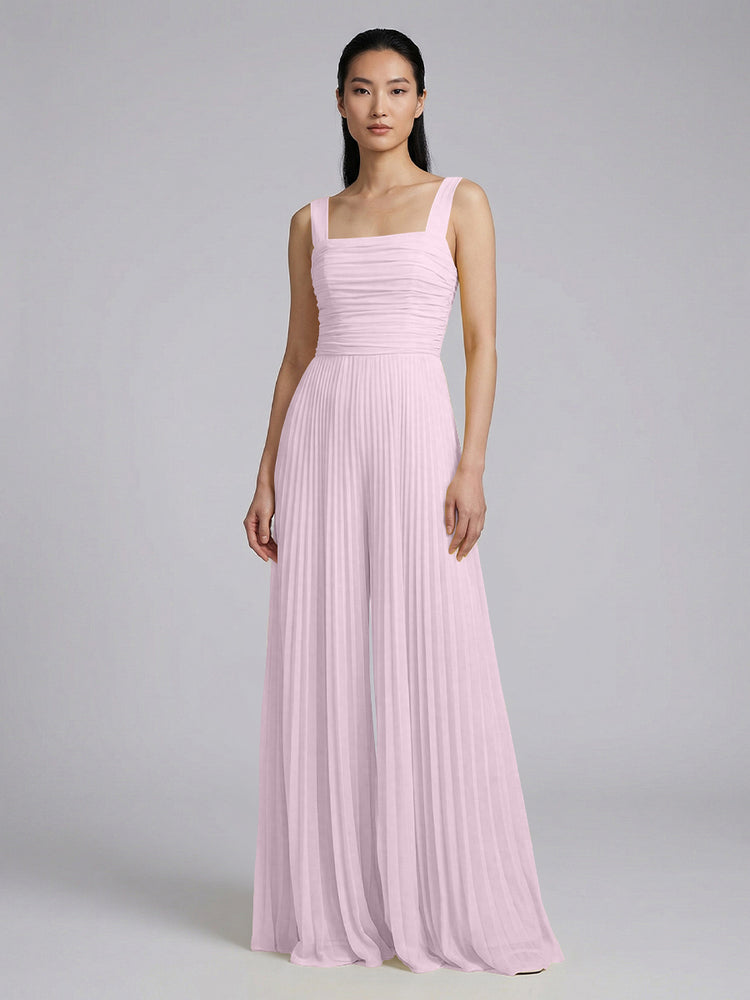 Chiffon Pantsuit Square Neck Long Bridesmaid Dresses with Pleats