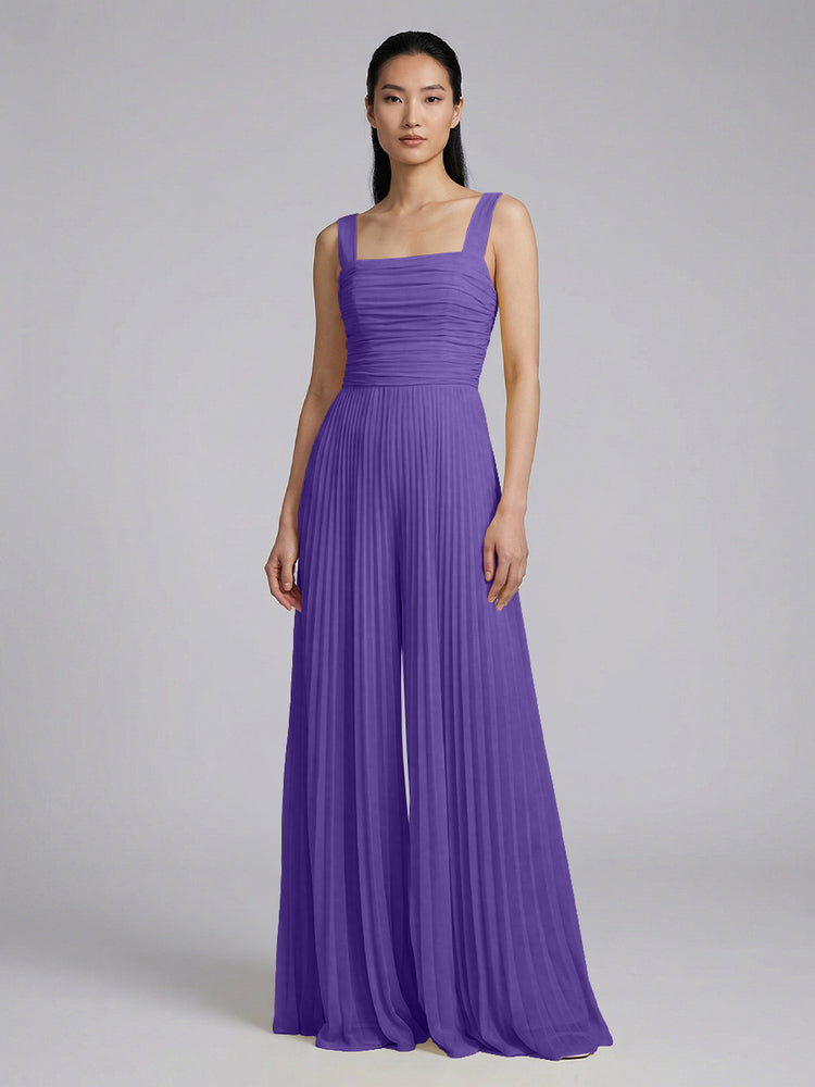 Chiffon Pantsuit Square Neck Long Bridesmaid Dresses with Pleats