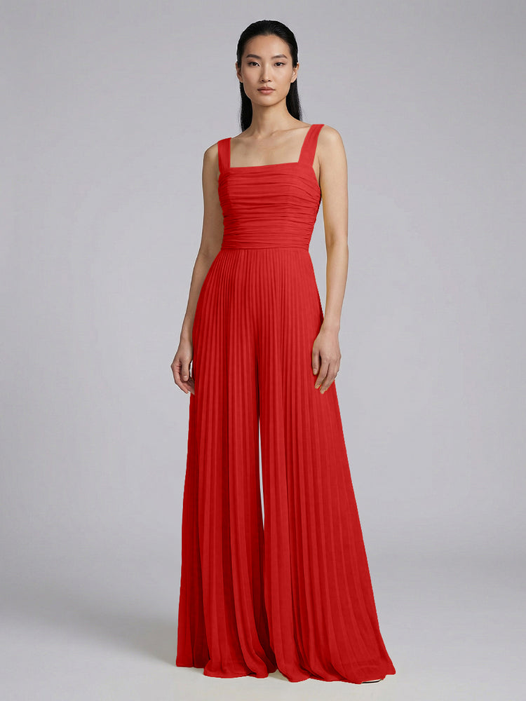 Chiffon Pantsuit Square Neck Long Bridesmaid Dresses with Pleats