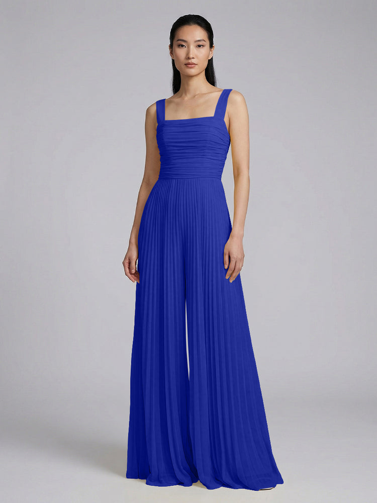 Chiffon Pantsuit Square Neck Long Bridesmaid Dresses with Pleats