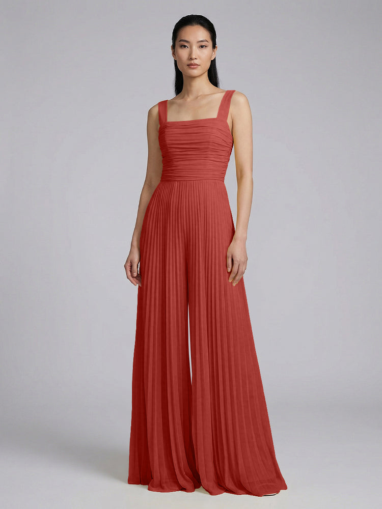 Chiffon Pantsuit Square Neck Long Bridesmaid Dresses with Pleats
