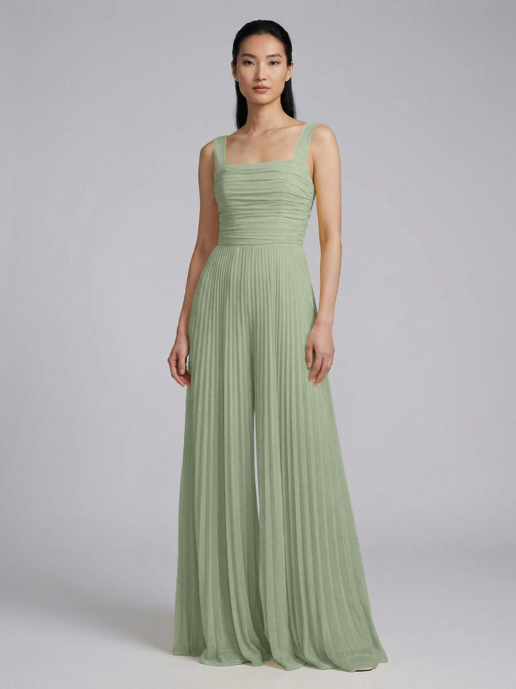 Chiffon Pantsuit Square Neck Long Bridesmaid Dresses with Pleats