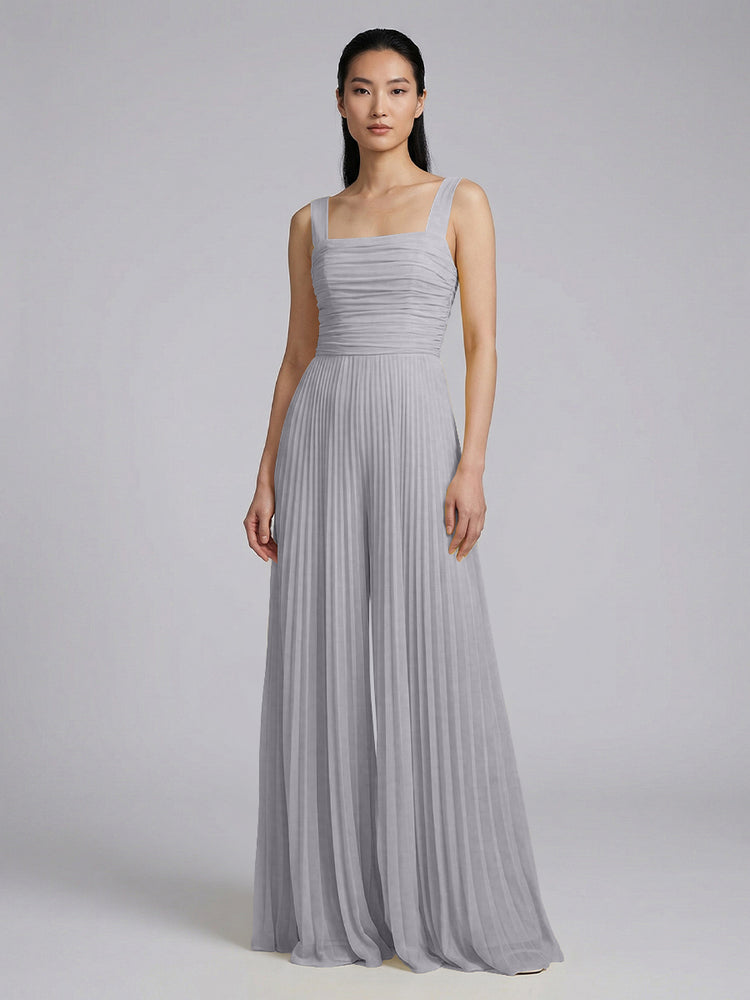 Chiffon Pantsuit Square Neck Long Bridesmaid Dresses with Pleats
