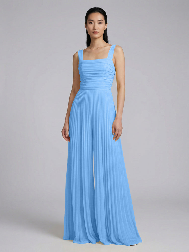 Chiffon Pantsuit Square Neck Long Bridesmaid Dresses with Pleats