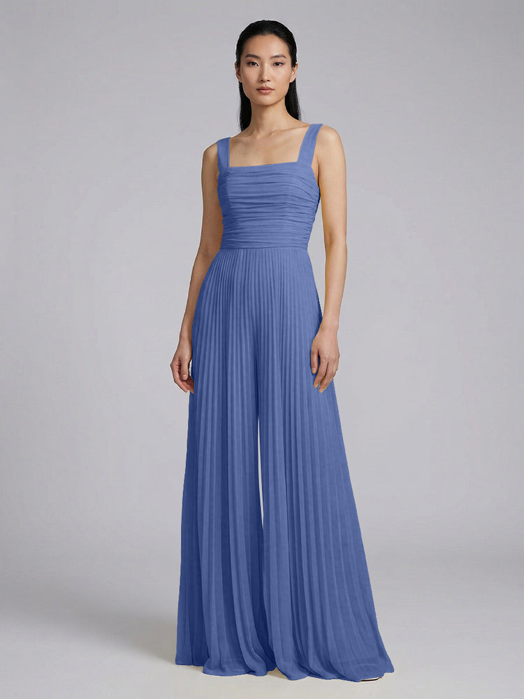 Chiffon Pantsuit Square Neck Long Bridesmaid Dresses with Pleats