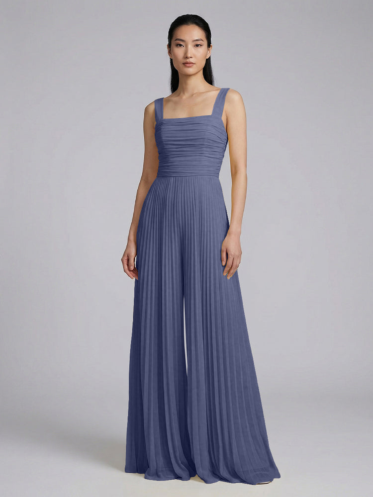 Chiffon Pantsuit Square Neck Long Bridesmaid Dresses with Pleats