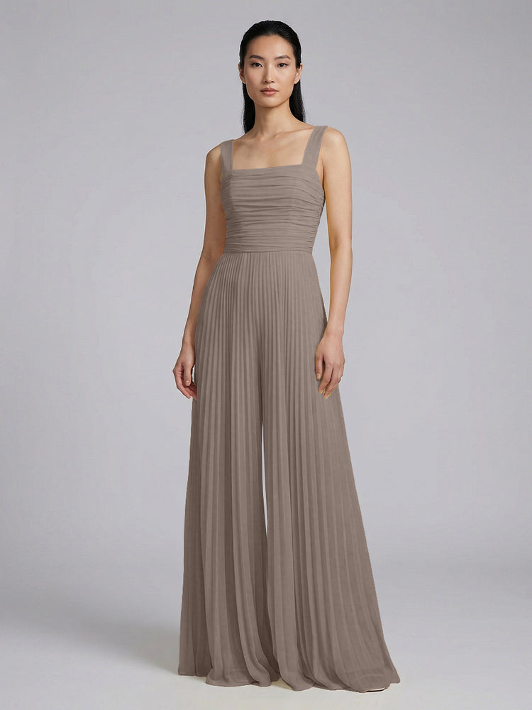 Chiffon Pantsuit Square Neck Long Bridesmaid Dresses with Pleats