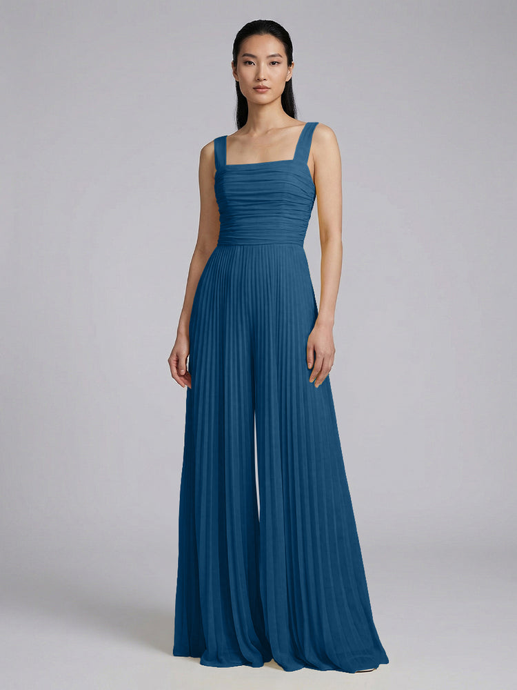 Chiffon Pantsuit Square Neck Long Bridesmaid Dresses with Pleats