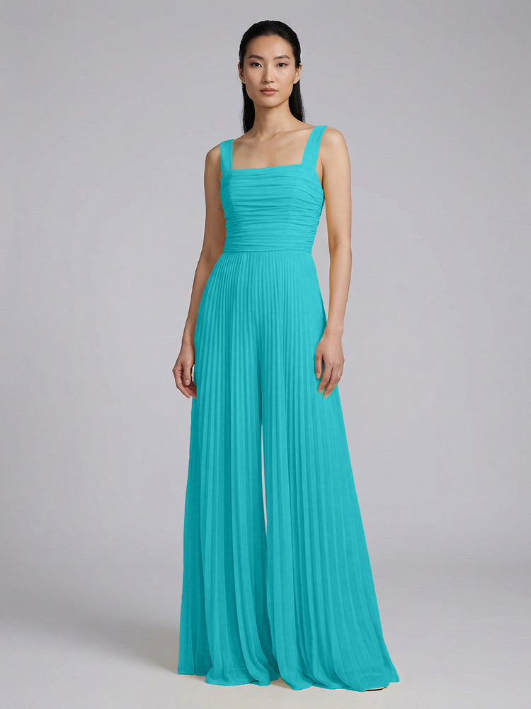 Chiffon Pantsuit Square Neck Long Bridesmaid Dresses with Pleats
