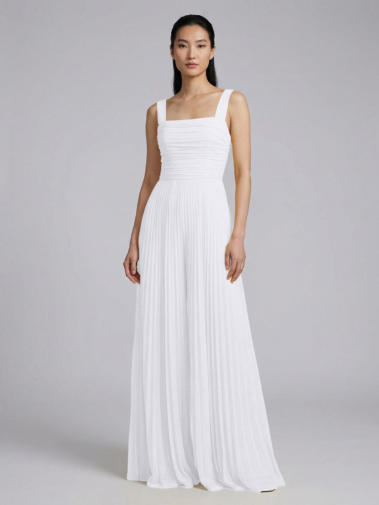Chiffon Pantsuit Square Neck Long Bridesmaid Dresses with Pleats
