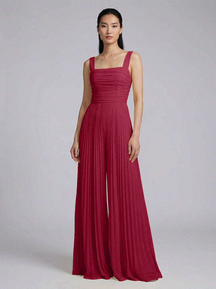 Chiffon Pantsuit Square Neck Long Bridesmaid Dresses with Pleats
