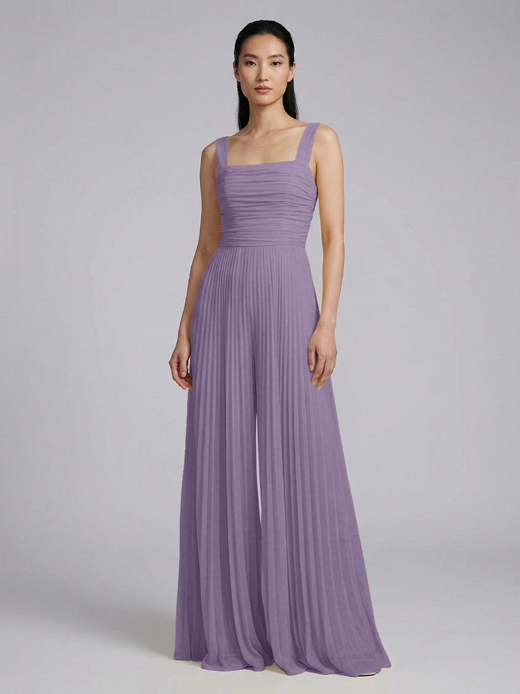 Chiffon Pantsuit Square Neck Long Bridesmaid Dresses with Pleats