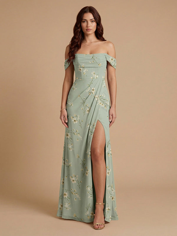 Chiffon Floral A-Line Off the Shoulder Long Bridesmaid Dresses with Slit