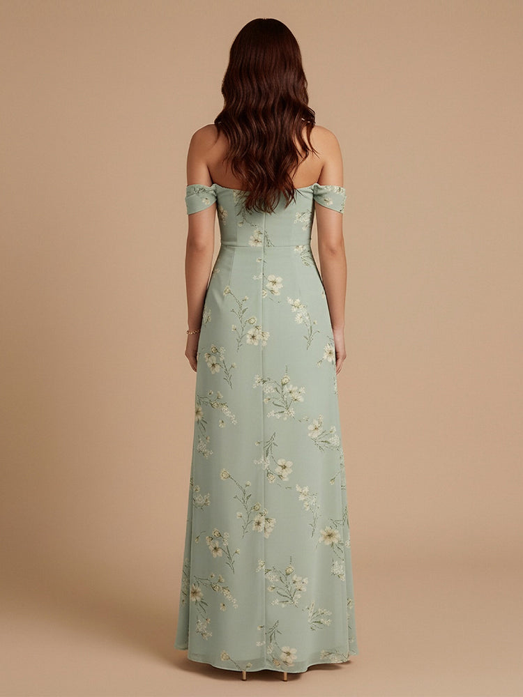 Chiffon Floral A-Line Off the Shoulder Long Bridesmaid Dresses with Slit