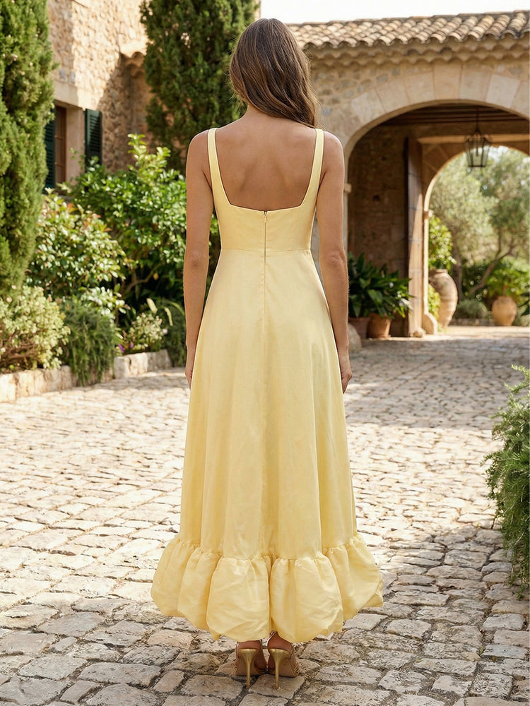 Satin A-Line Square Neck Long Bridesmaid Dresses with Ruffles