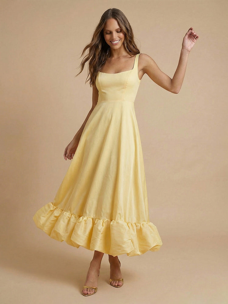 Satin A-Line Square Neck Long Bridesmaid Dresses with Ruffles
